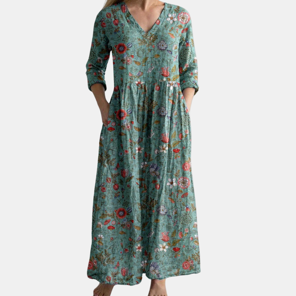 Teal floral maxi dress, half sleeves, V-neck, gathered waist