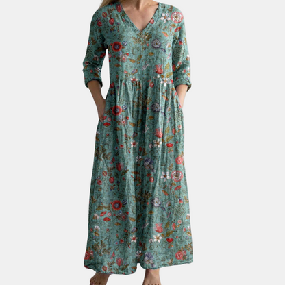 Teal floral maxi dress, half sleeves, V-neck, gathered waist