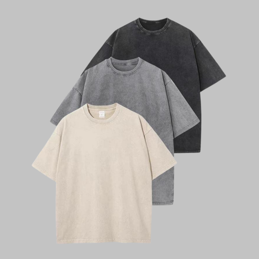 3-pack washed crew-neck T-shirts in beige, light gray, and dark gray