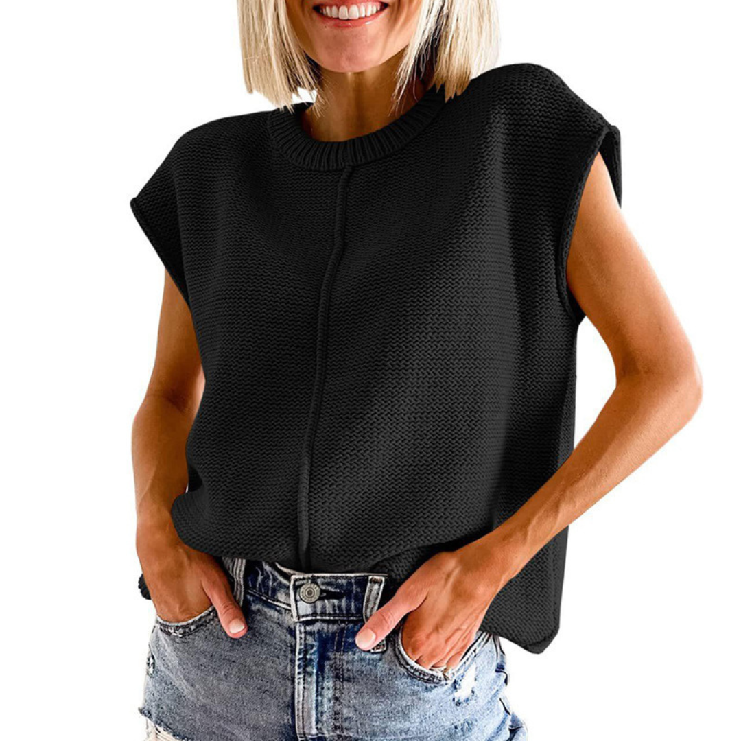 Black sleeveless crewneck knit top with ribbed collar and center seam
