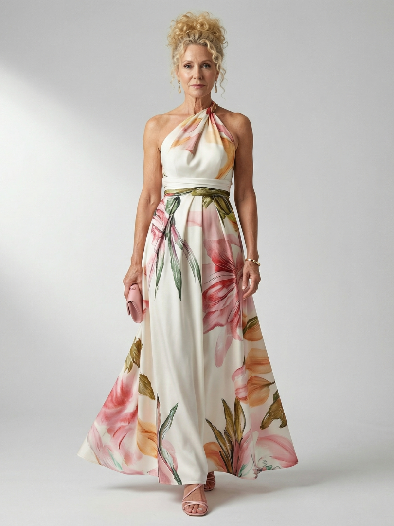 Amiel light floral maxi dress, halter neck and sleeveless bodice, pink and white floral print