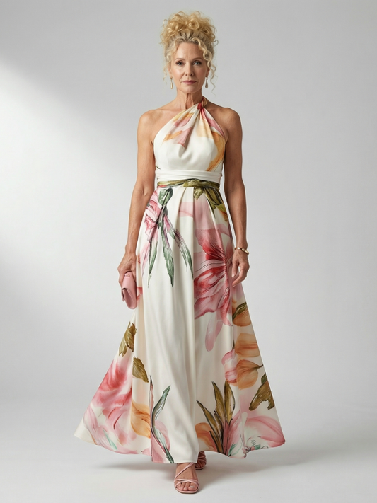 Amiel light floral maxi dress, halter neck and sleeveless bodice, pink and white floral print