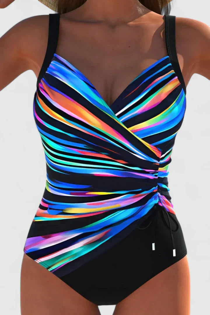 Rainbow striped one-piece swimsuit with V-neck wrap front and ruched side drawstring