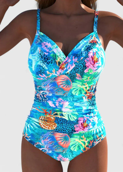 Women's cyan printed one-piece swimsuit with gathered bust and ruched waist