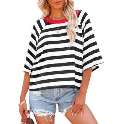 Loose fit crewneck top in black and white stripes with red neckline band