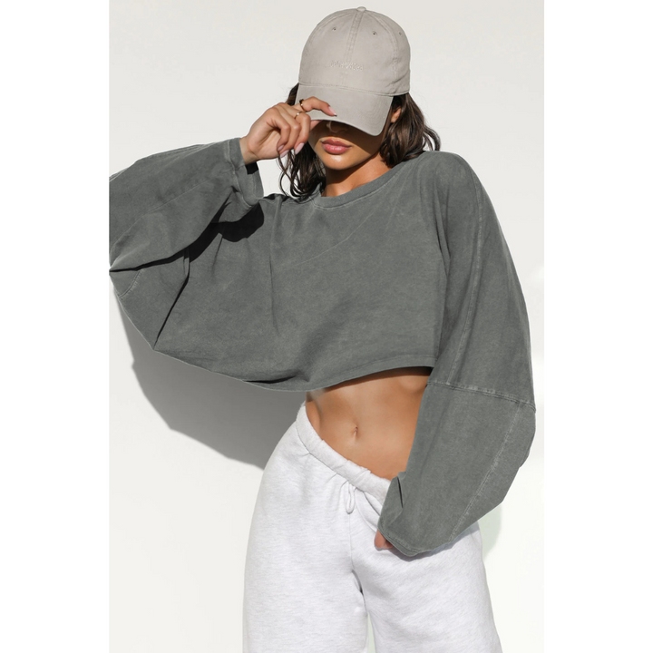 Women’s cropped pullover sweatshirt, dark grey crew neck with long sleeves