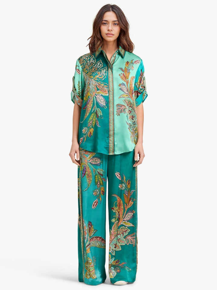 Turquoise paisley two-piece set with short-sleeve shirt and wide-leg trousers