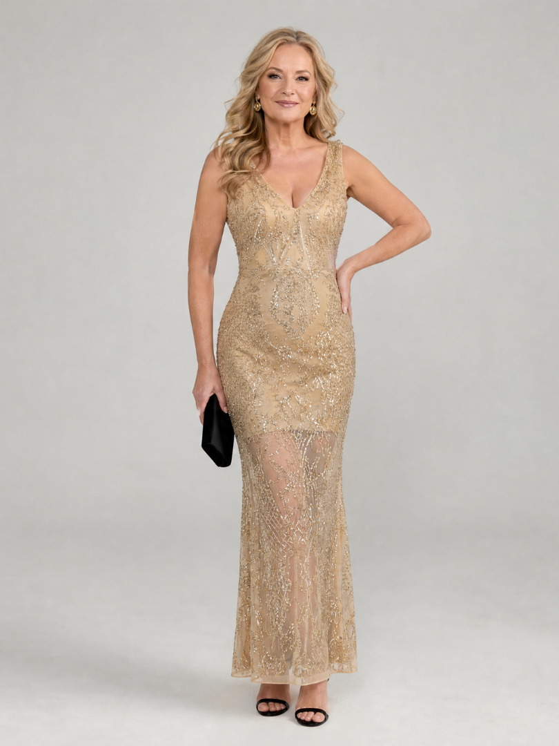 Beige sequin sleeveless midi dress with sheer panel, V-neck, and fitted bodice
