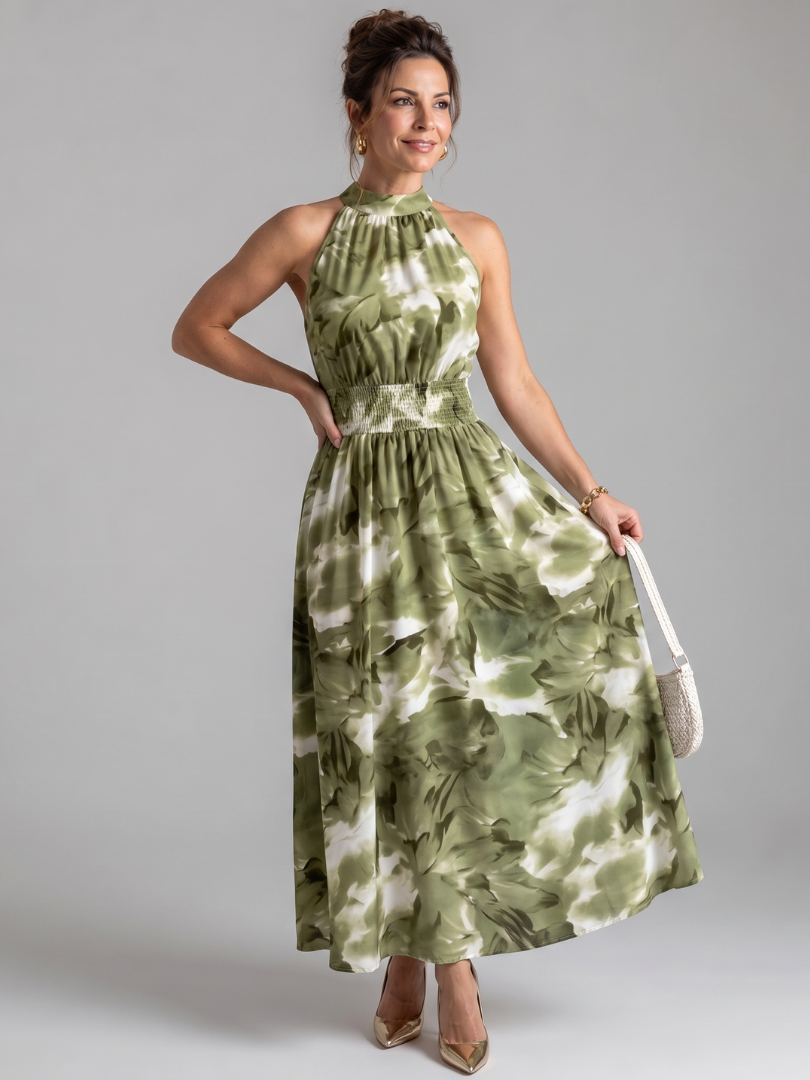 Green abstract print midi dress with halter neck and gathered waist
