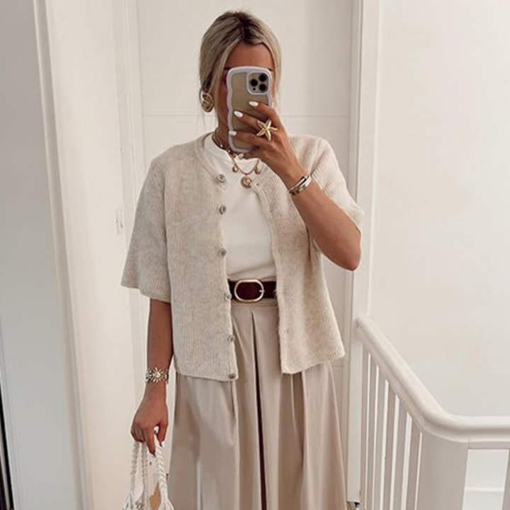 Lightweight short sleeve button cardigan, beige knit with front buttons and relaxed fit