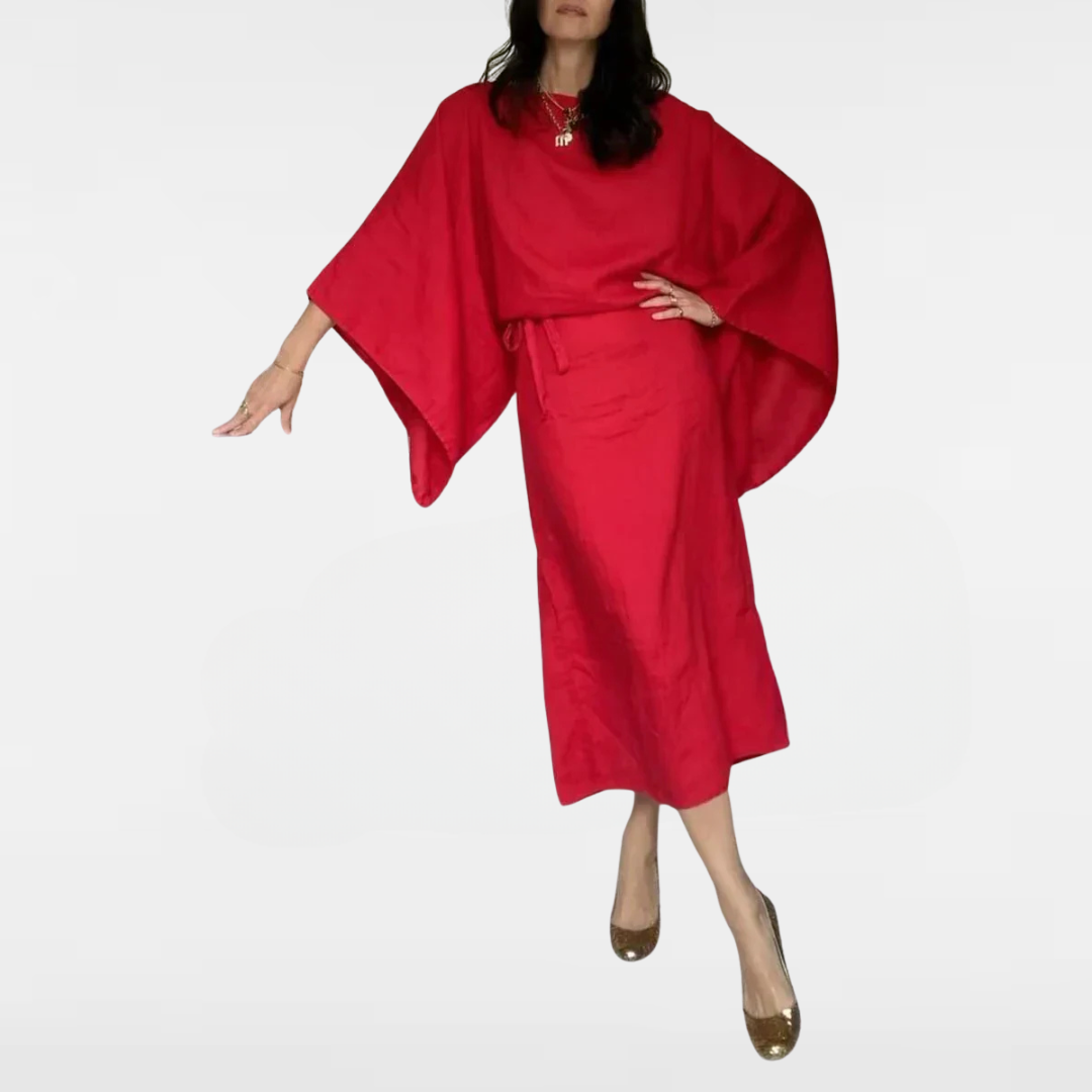 Maxi kimono-style dress, red with wide batwing sleeves and tie waist