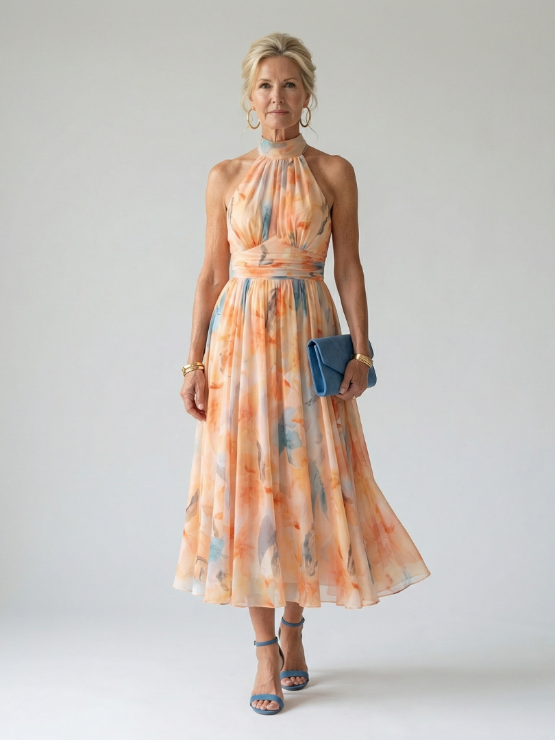 Soft halter midi dress with peach-and-blue watercolor print, high neck, gathered waist
