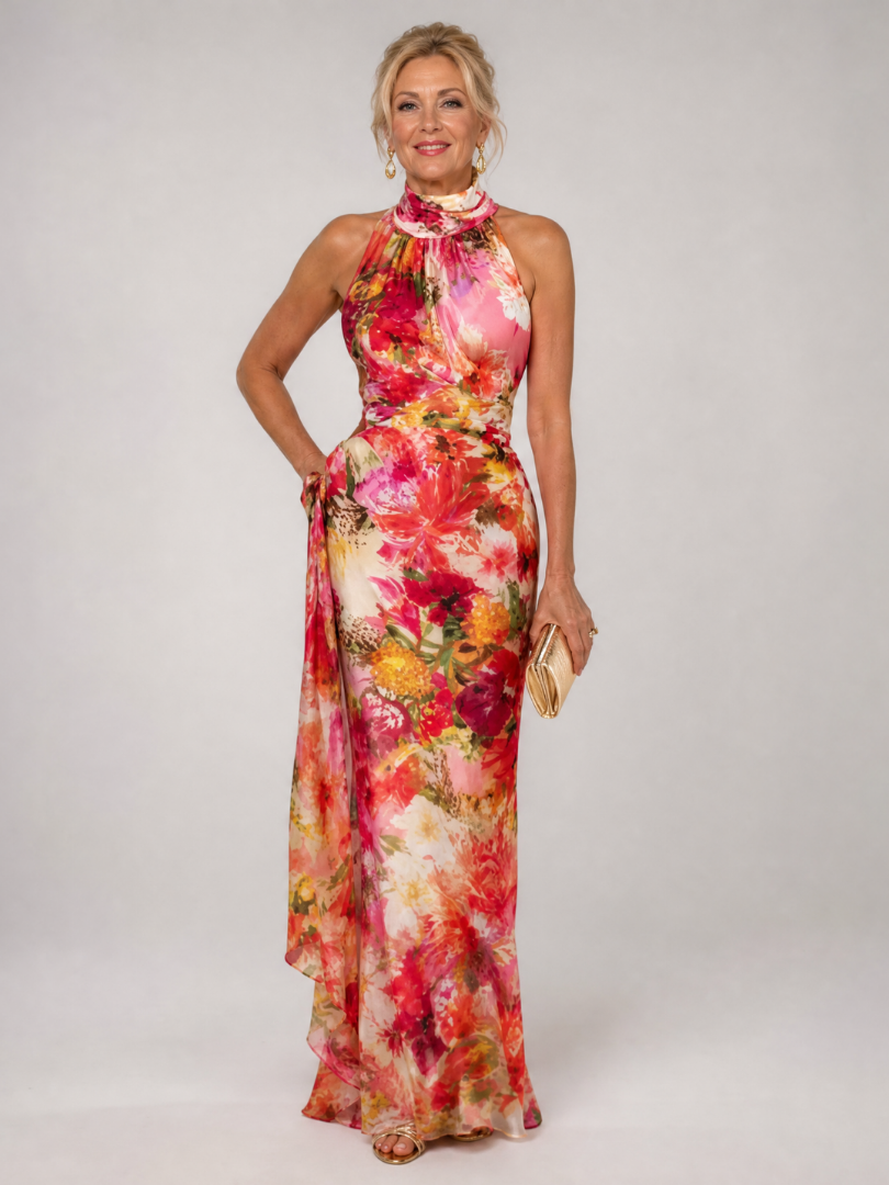 Halter neck floral maxi dress in pink, red and yellow with gathered waist