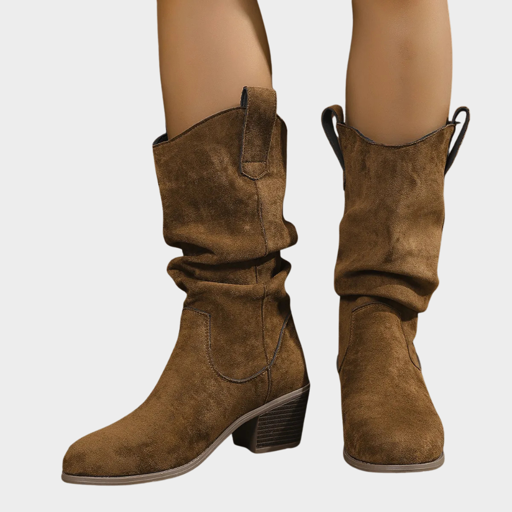 Dark brown mid-heel cowboy boots, pull-on suede with western seams and stacked block heel