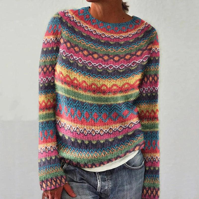 Multicolor Fair Isle sweater with crew neck, long sleeves, and striped knit pattern