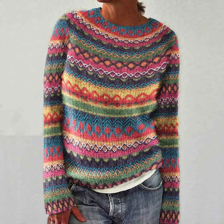 Multicolor Fair Isle sweater with crew neck, long sleeves, and striped knit pattern
