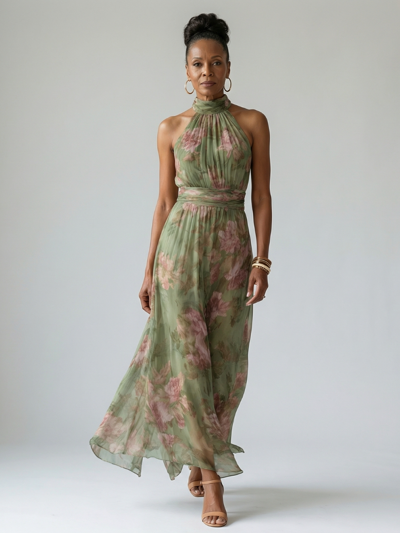 Sage green gathered halter midi dress with pink floral print, high neck and flowing skirt