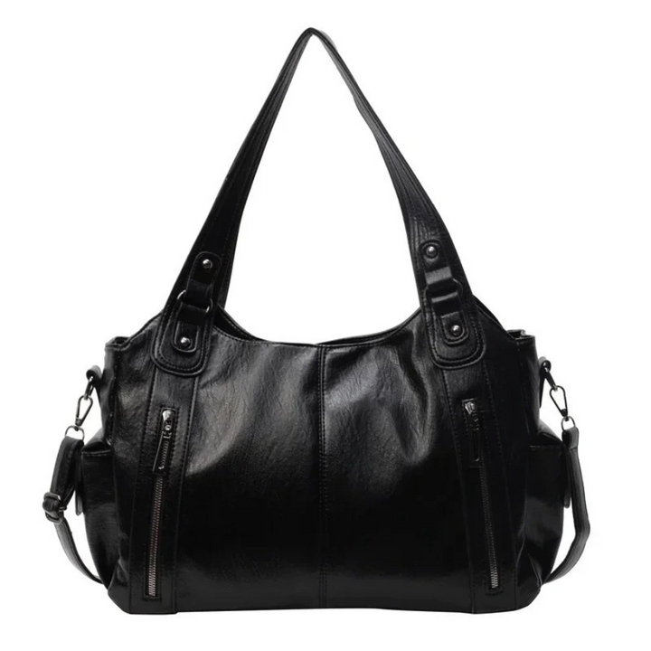Black large shoulder bag with dual front zippers, shoulder straps, and crossbody strap