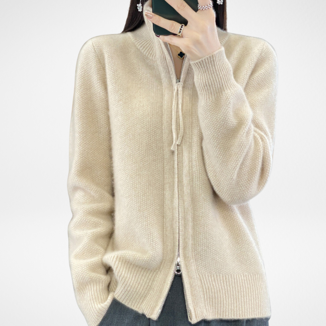 Beige zip-front knit sweater with ribbed collar and cuffs
