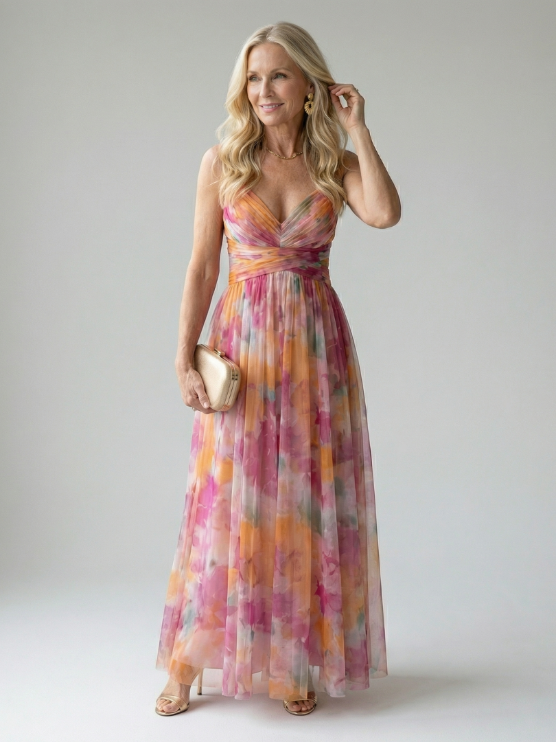 Multicolor soft wrap maxi dress with twist V neckline, sleeveless, flowing skirt