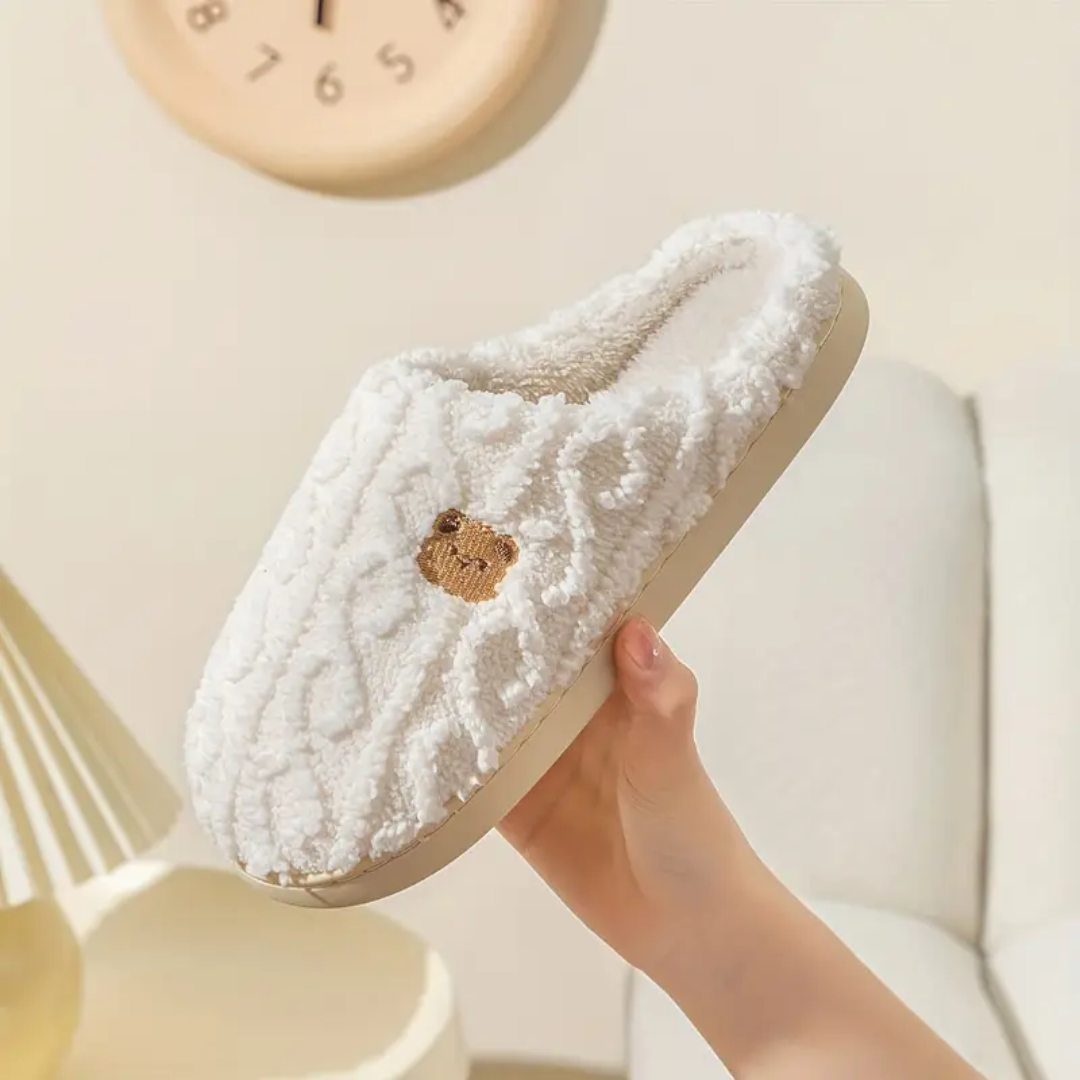 Fuzzy bear print slippers in white, slip-on with knit collar and cushioned sole