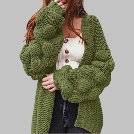 Green oversized chunky open-front cardigan with ribbed cuffs and textured knit