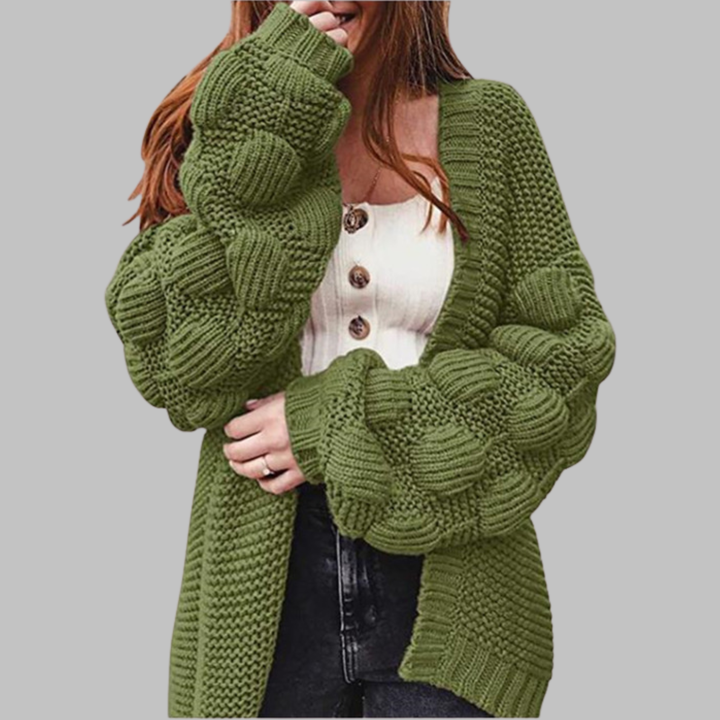 Green oversized chunky open-front cardigan with ribbed cuffs and textured knit