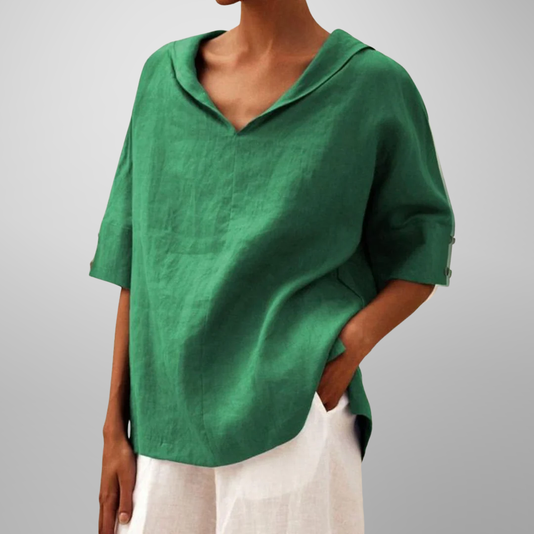 Women’s loose cotton blouse, green, V-neck with hooded collar, short sleeves