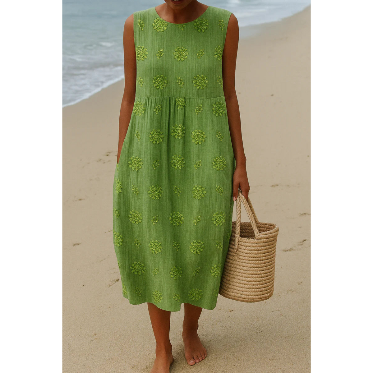Green embroidered sleeveless midi dress, round neck, floral dot motifs