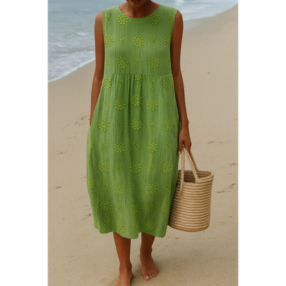 Green embroidered sleeveless midi dress, round neck, floral dot motifs
