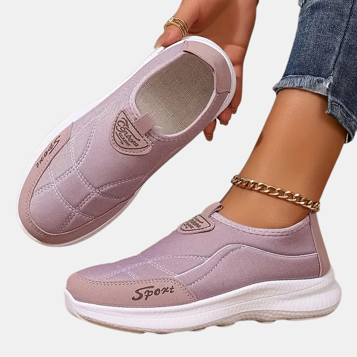 Talia non-slip sneakers, mauve/pink upper with cushioned sole, front close-up