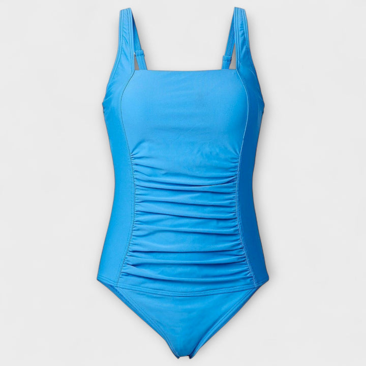 Sky blue padded one-piece swimsuit with square neckline and ruched front, adjustable straps