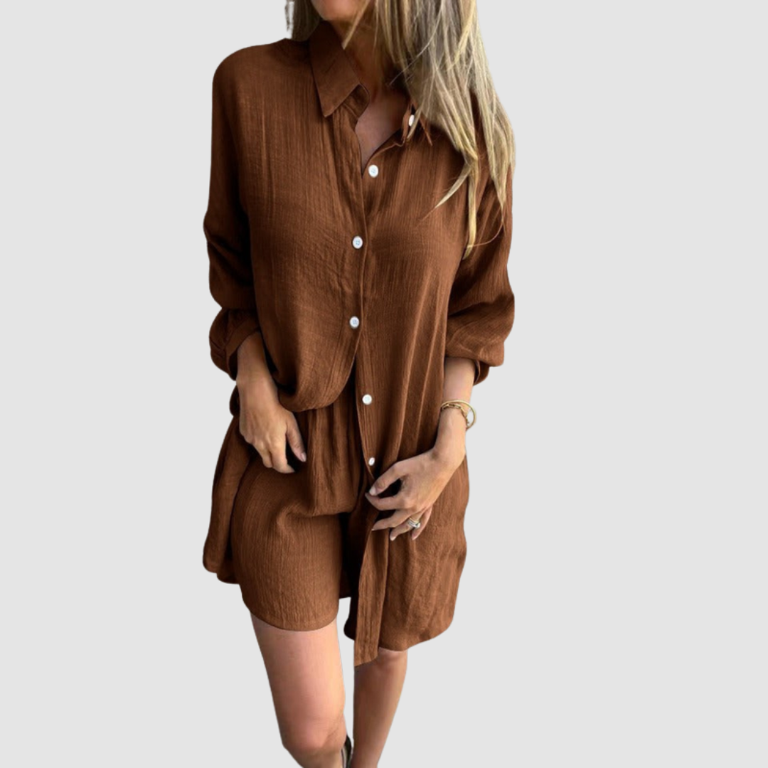 Brown button-up blazer and pencil skirt set, long sleeves, button front