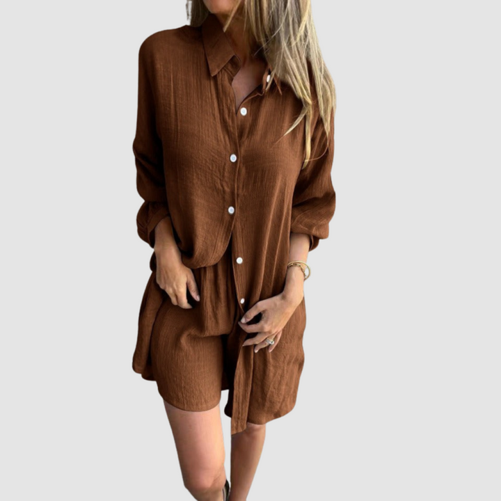 Brown button-up blazer and pencil skirt set, long sleeves, button front