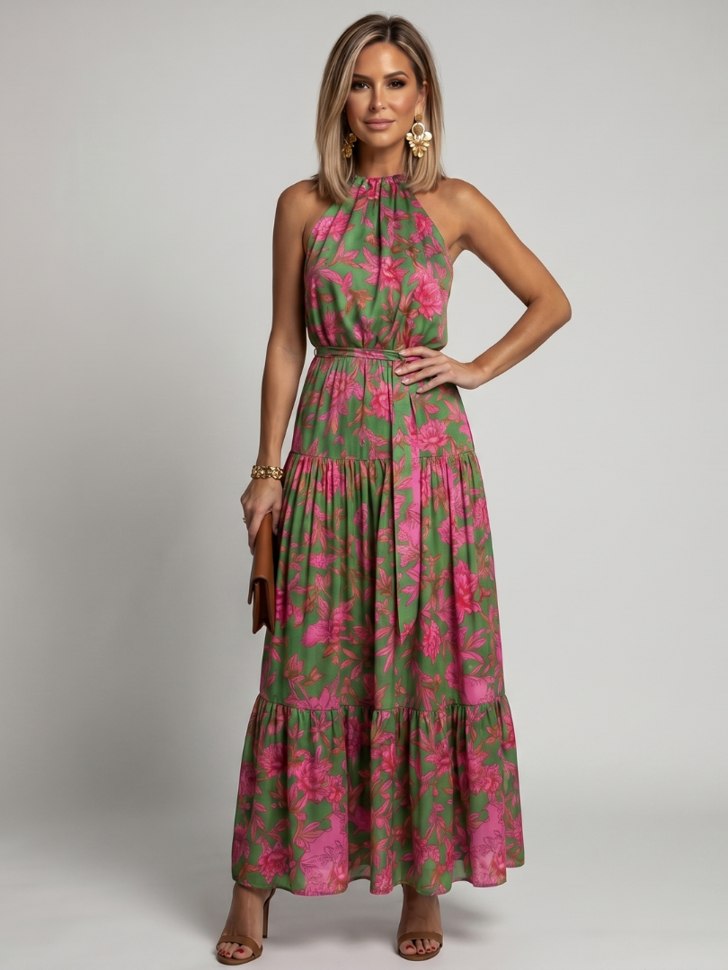 Floral halter midi dress with pink flower print, draped neckline, and tiered skirt.