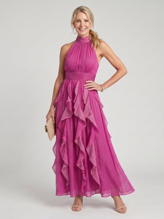 Pink high-neck gathered ruffle layers maxi dress, sleeveless with tiered skirt