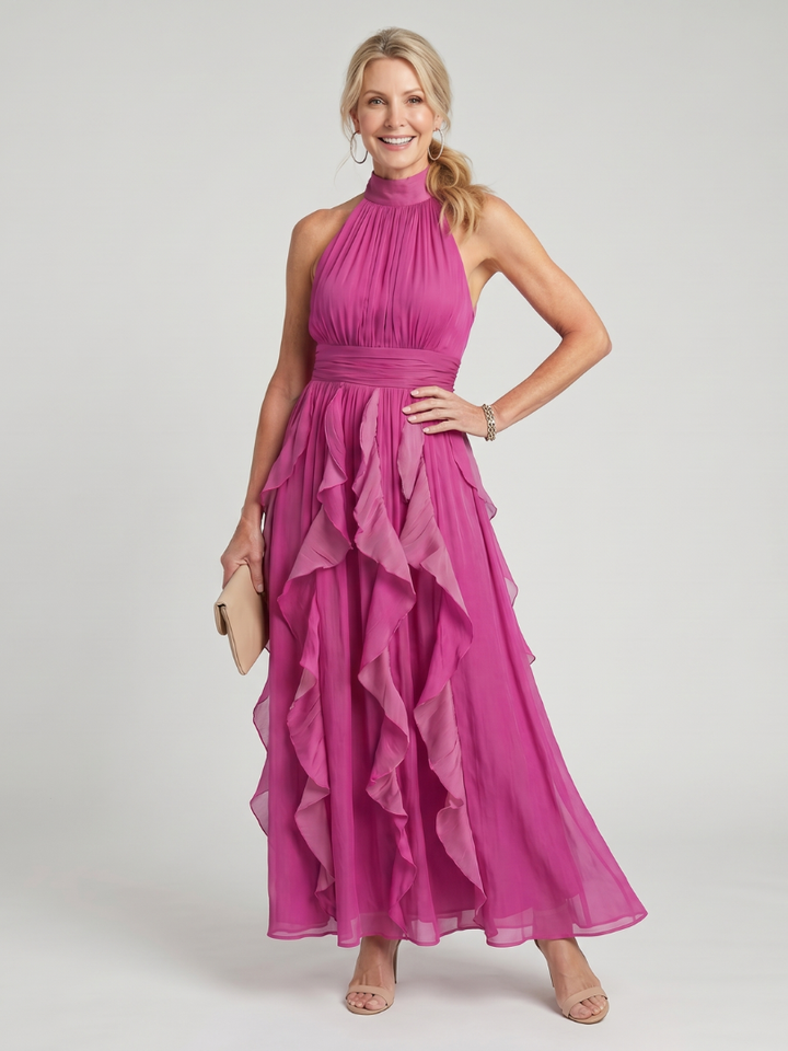 Pink high-neck gathered ruffle layers maxi dress, sleeveless with tiered skirt