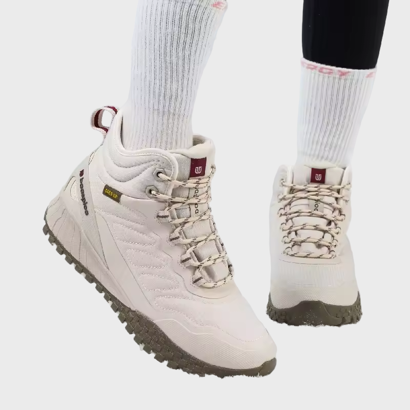Waterproof plush warm boots, lace-up front, white upper, chunky tread sole