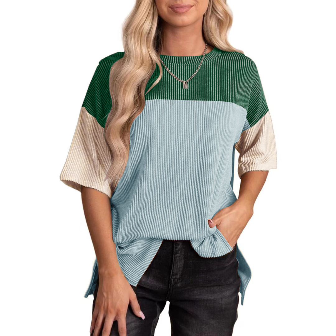 Green and sky-blue color-block striped summer top, ribbed round neck, short sleeves