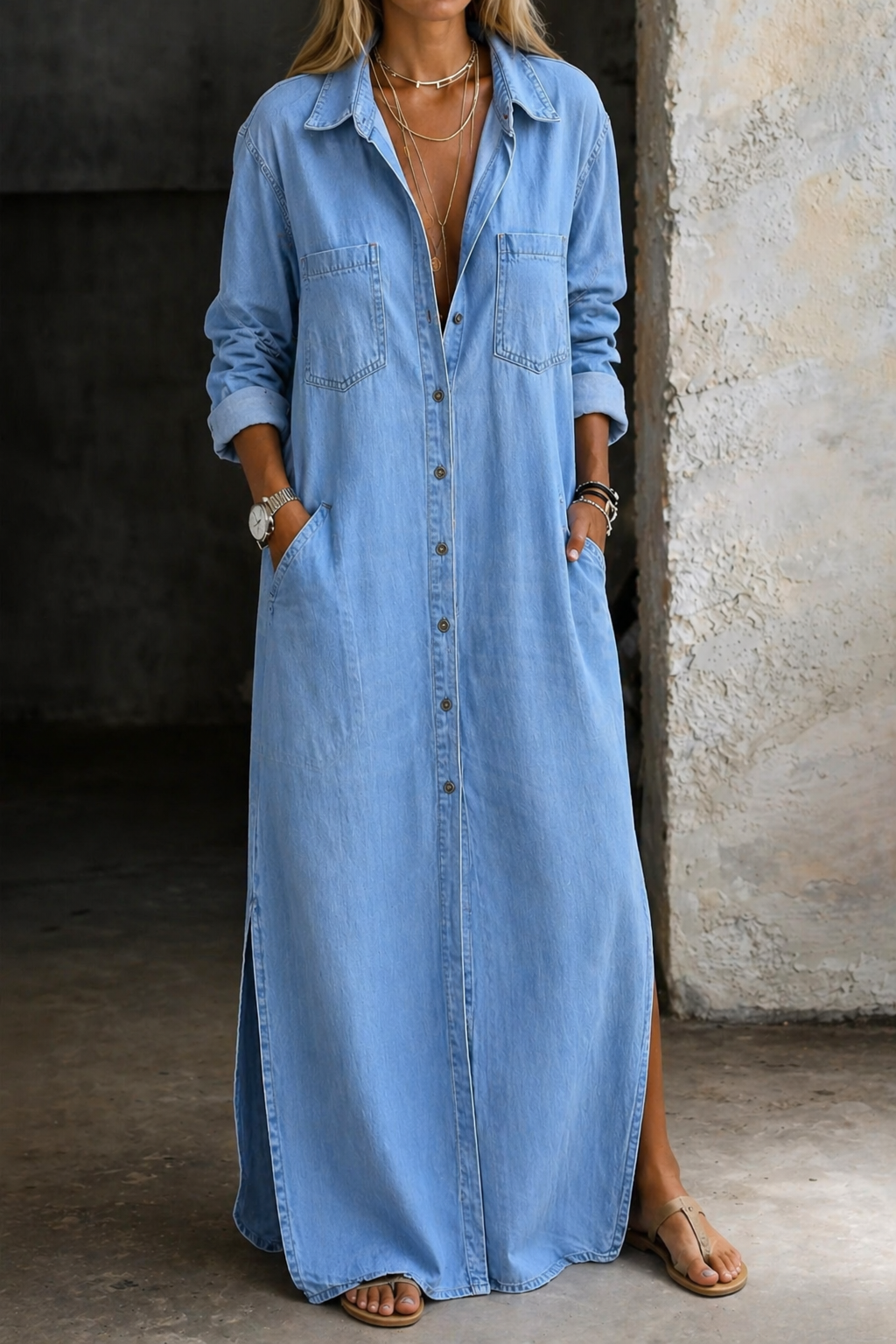 Light blue button-down shirt dress with collar, long sleeves, two chest pockets, side slit