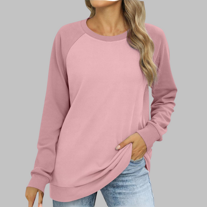 Two-tone raglan sweatshirt, round neck, long sleeves; dusty pink body, mauve sleeves