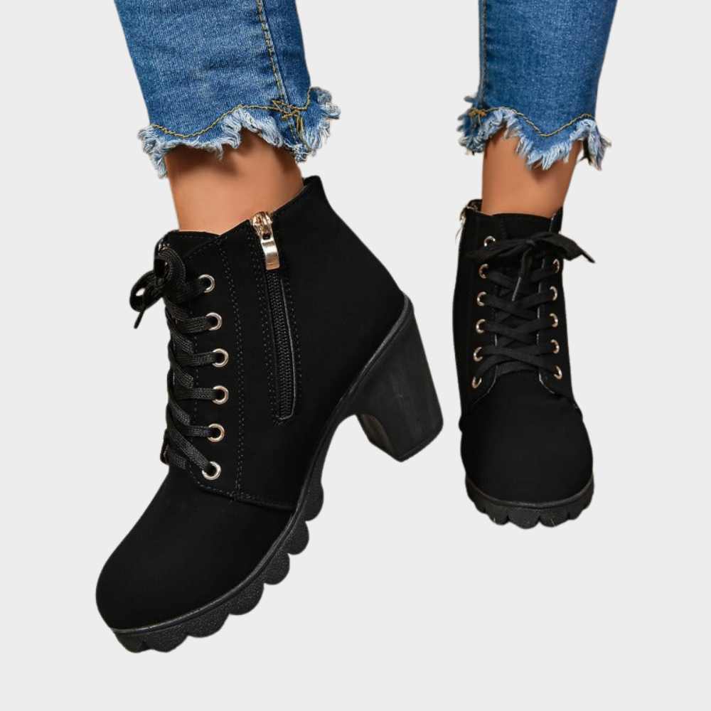 Black block-heel ankle boots with laces and side zipper.