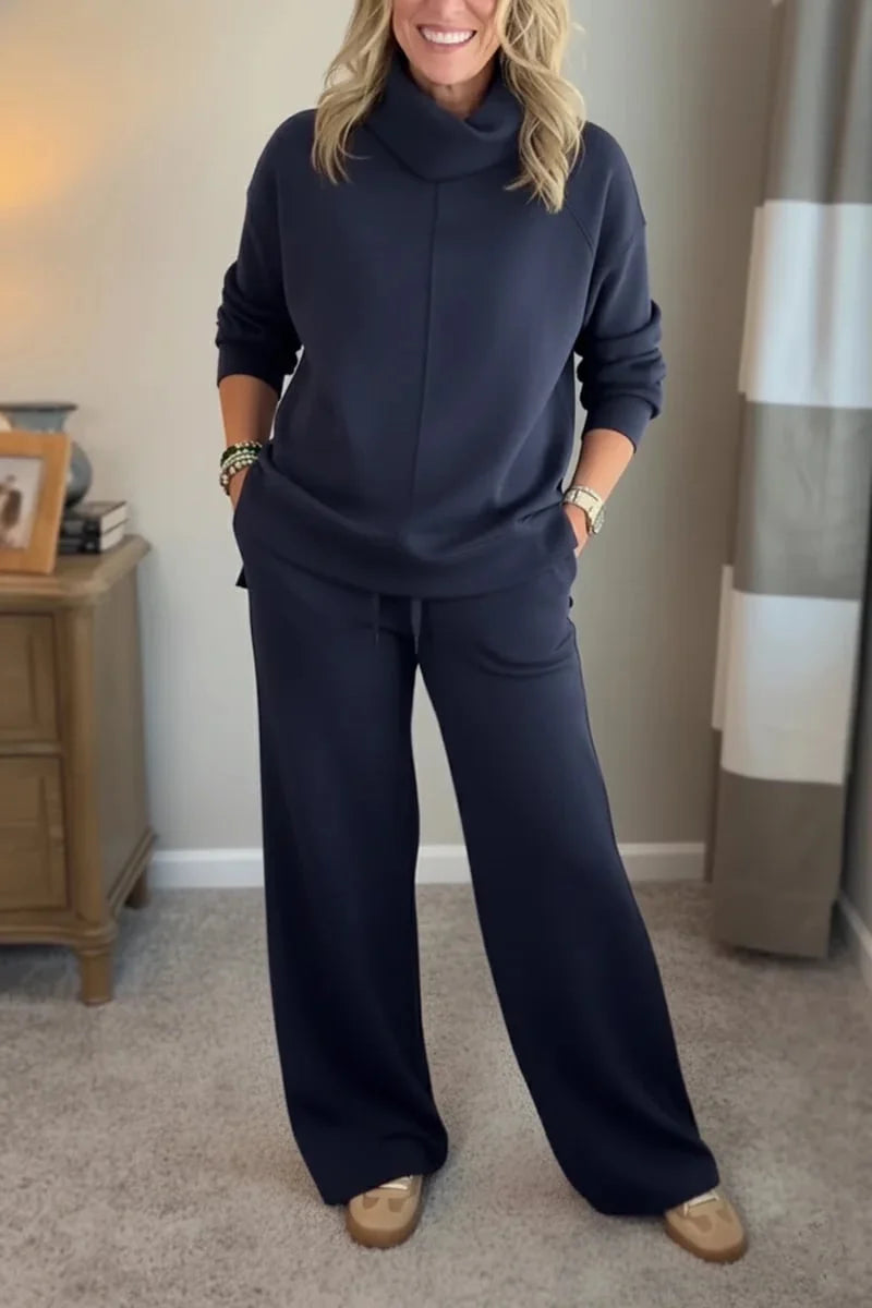 Navy hooded sweatshirt top and wide-leg pants coordinated set