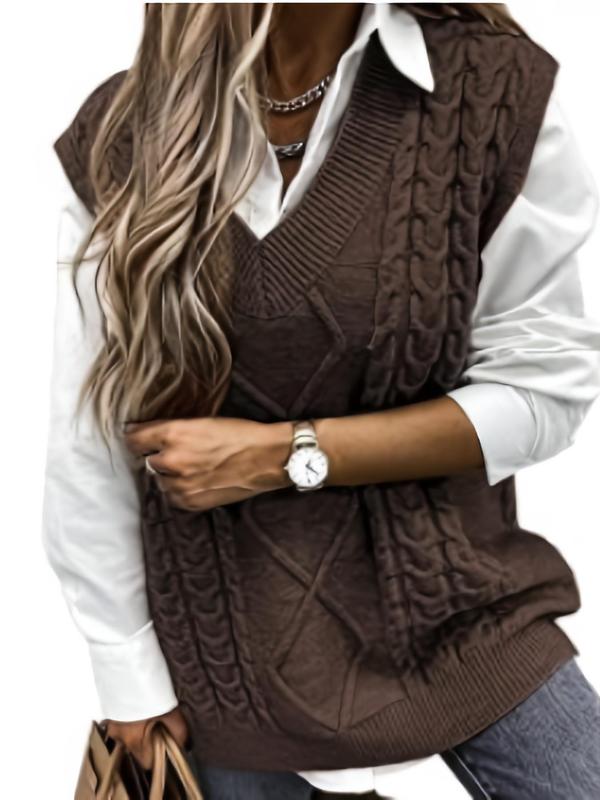 Brown textured V-neck knit vest with cable pattern and ribbed hem trim