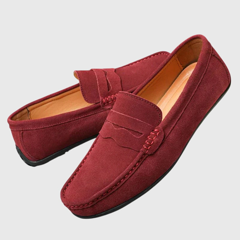 Burgundy suede orthopaedic loafer with slip-on penny strap and stitched moccasin seam