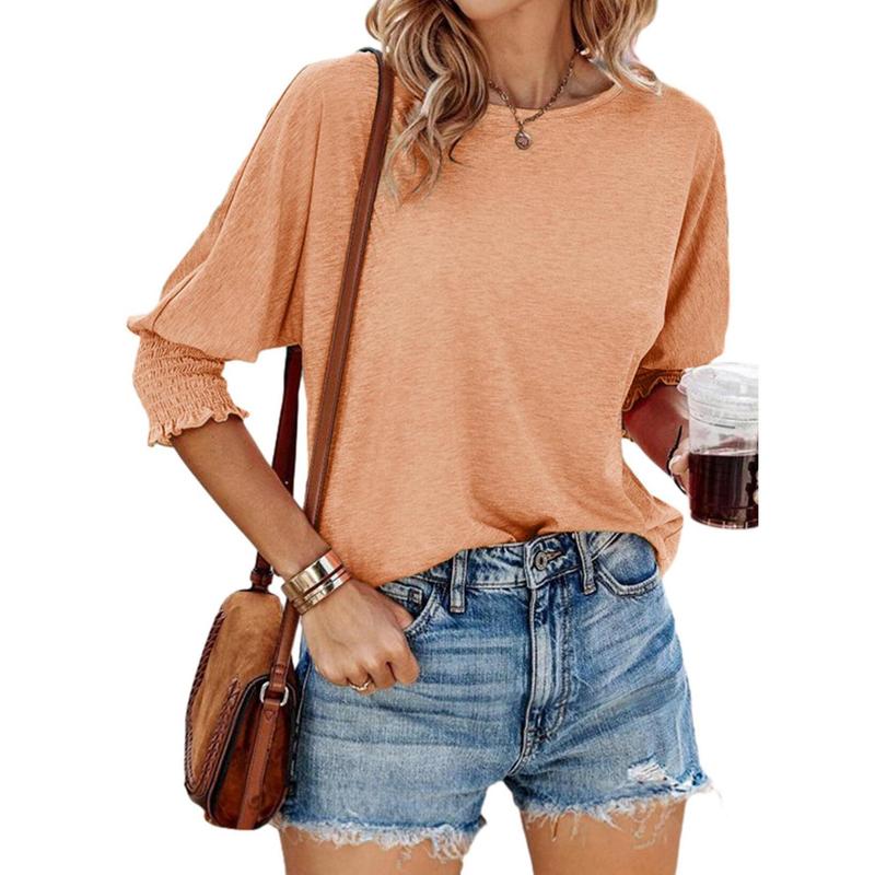Lightweight summer workwear blouse, tan crew neck with ruched cuff sleeves