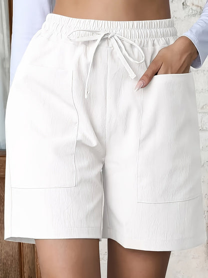 LIANNE™ breathable cotton casual shorts, white; elastic waistband, drawstring tie, side pockets