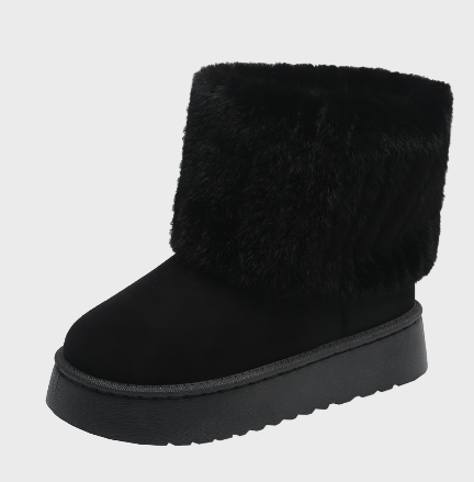 Black platform ankle boots with faux fur cuff and thick rubber sole