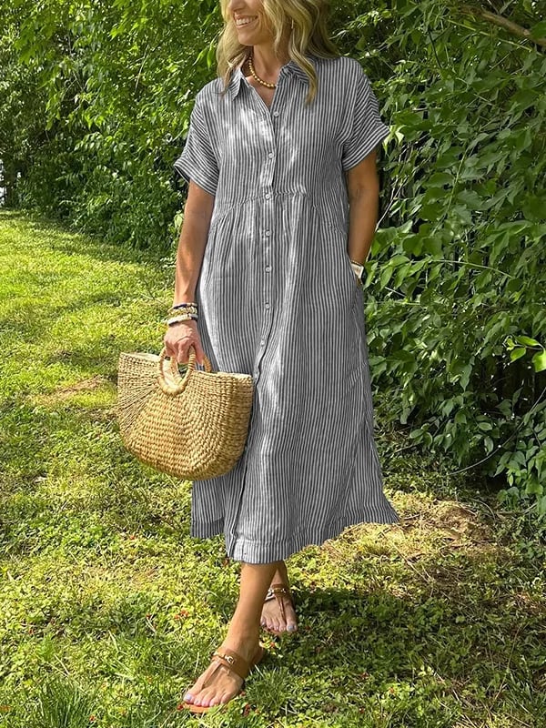 Gray striped button-up dress with short sleeves and gathered waist.