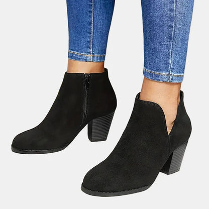 Black suede block-heel ankle boots with side zip and rounded toe
